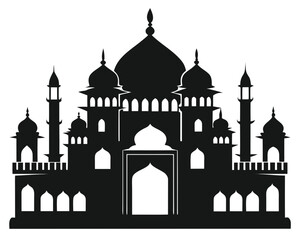 Black silhouette of a grand mosque with minarets and domes