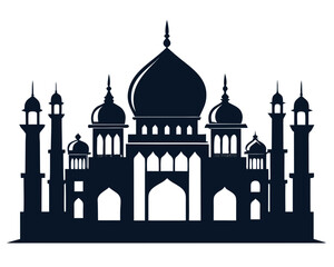 Silhouette of a grand mosque with multiple domes and minarets