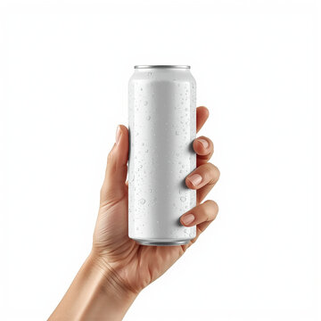 "Create an image of a hand holding a tall, slim white can with no logo or brand. The can should have visible droplets of water on its surface, giving it a freshly chilled appearance. The hand should b