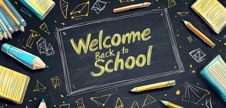 Excitedly welcome students back to school with vibrant pencils, books, and chalkboard sketches, inspiring a new academic year.