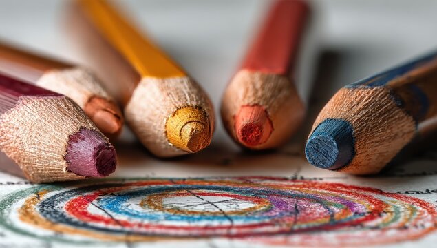 Close-up of colorful pencils on a page with a circular design