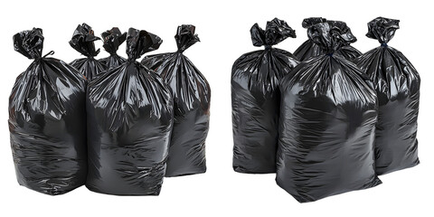 Black Plastic Garbage Bags. Four Large Bags Tied At The Top, Perfect For Household Waste, isolated on a transparent background