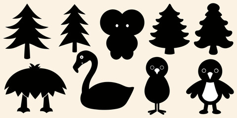 bundle of 10  sllhouettes pine tree penguin flamingo lemur solidblack fill not text unit,white background.optimizod foreasy tracing and vector conversion © Lam