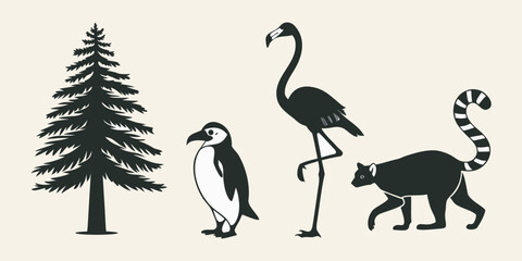 bundle of 10  sllhouettes pine tree penguin flamingo lemur solidblack fill not text unit,white background.optimizod foreasy tracing and vector conversion © RAHIM