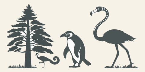 bundle of 10  sllhouettes pine tree penguin flamingo lemur solidblack fill not text unit,white background.optimizod foreasy tracing and vector conversion © Lam