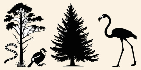 bundle of 10  sllhouettes pine tree penguin flamingo lemur solidblack fill not text unit,white background.optimizod foreasy tracing and vector conversion © Lam