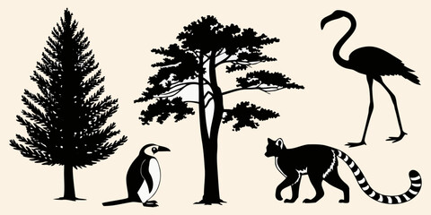 bundle of 10  sllhouettes pine tree penguin flamingo lemur solidblack fill not text unit,white background.optimizod foreasy tracing and vector conversion © Lam