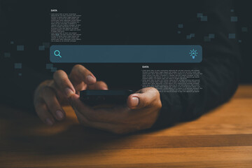 Person using smartphone with AI search bar. Technology concept of artificial intelligence in daily life, social media, big data analysis and smart technology innovation for digital solutions.