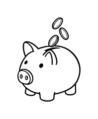 piggy bank with coins falling inside in black and white outline illustration vector