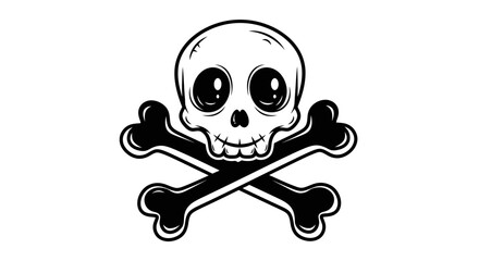 Cute cartoon skull and crossbones graphic illustration in black and white against a clean white background, simple flat design style, conveying a playful yet slightly