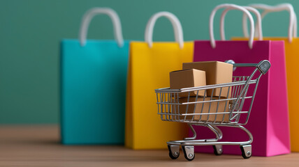 Small metallic shopping trolley filled with cardboard boxes and colorful bags, surrounded by laptop, tablet, smartphone, and credit card, symbolizing online shopping, home delivery, digital payments, 