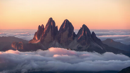 Majestic mountain peaks above clouds at golden sunrise, cinematic atmosphere, ultra-detailed landscape