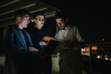 Group of focused business people collaborating outdoors at night, illuminated by laptops and digital devices, under a dimly lit setting. Perfect for concepts of teamwork, innovation, and night work.