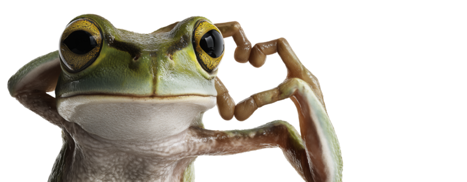 Extreme close-up, portrait of a green frog looking at camera and making a heart shape with its hands, isolated on transparent or white background with copy space. Png. Generative Ai.