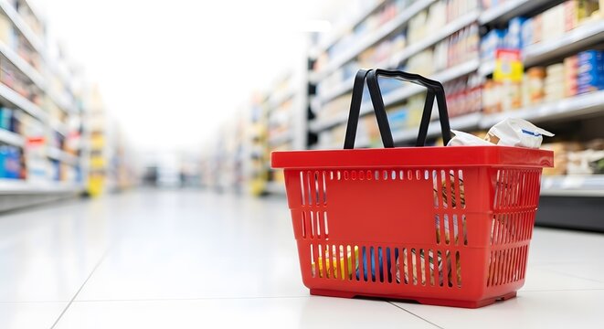 A red shopping basket sits empty on the floor of a supermarket aisle. The blurred background provides ample copy space for text and marketing concepts.