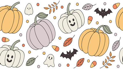 Cute Halloween Pumpkin Ghost Bat Pattern – Pastel Trick or Treat Seamless Design