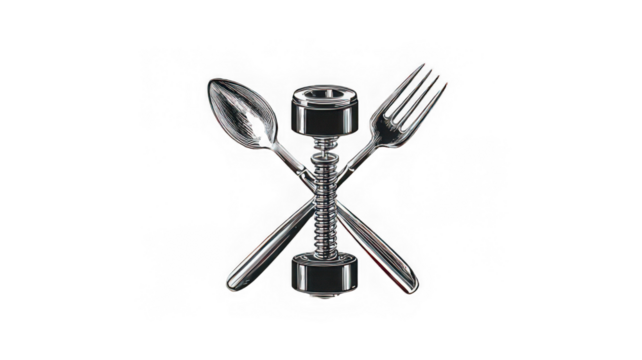 Metal cutlery and mechanical parts arranged in creative crossed design, isolated on transparency background, symbolizing industrial and culinary fusion with modern artistic touch