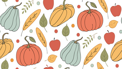 Seamless Autumn Harvest Pattern – Pumpkins, Gourds, Apples & Fall Leaves