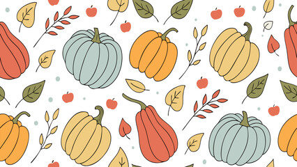 Seamless Autumn Harvest Pattern – Pumpkins, Gourds, Apples & Fall Leaves