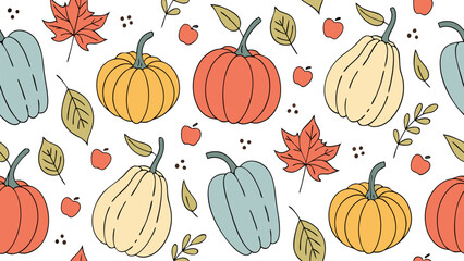 Seamless Autumn Harvest Pattern – Pumpkins, Gourds, Apples & Fall Leaves