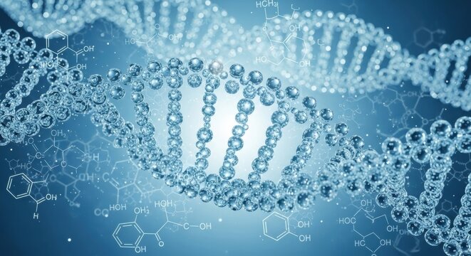 Luminous DNA Strand with Chemical Structures on Blue Gradient Background