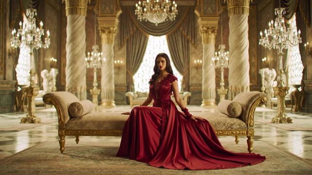 A wealthy elegant woman sitting gracefully on a royal sofa in a luxurious interior. The scene represents high-class lifestyle, sophistication, wealth, and timeless beauty. Perfect concept for luxury b