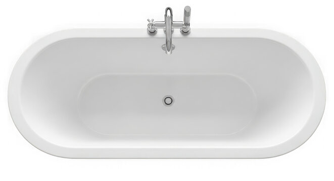 Oval bathtub with faucet top view isolated on transparent background