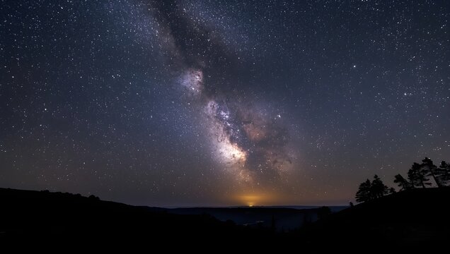 Blue night starry sky, space, background for screensaver. Astrology, horoscope, zodiac signs, starry night sky, Blue dark night sky with many stars above field of trees.