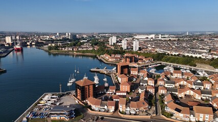 Drone Aerial View of Roker Beach, Seaburn Beach, and Roker Pier in Sunderland, Tyne and Wear, North...