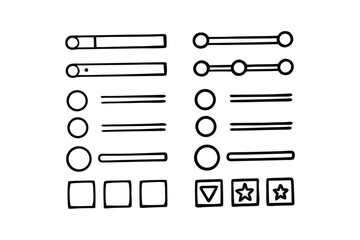 Minimalist UI Wireframe Icon Set – Black Line Art, Buttons, Toggles & Sliders