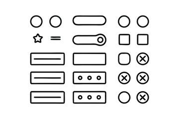 Minimalist UI Wireframe Icon Set – Black Line Art, Buttons, Toggles & Sliders