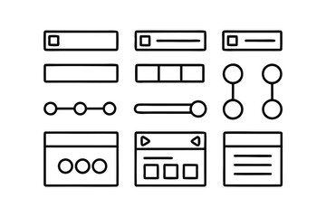 Minimalist UI Wireframe Icon Set – Black Line Art, Buttons, Toggles & Sliders