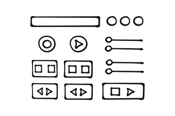 Minimalist UI Wireframe Icon Set – Black Line Art, Buttons, Toggles & Sliders