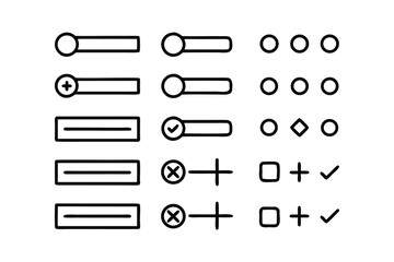Minimalist UI Wireframe Icon Set – Black Line Art, Buttons, Toggles & Sliders