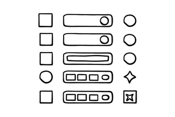 Minimalist UI Wireframe Icon Set – Black Line Art, Buttons, Toggles & Sliders