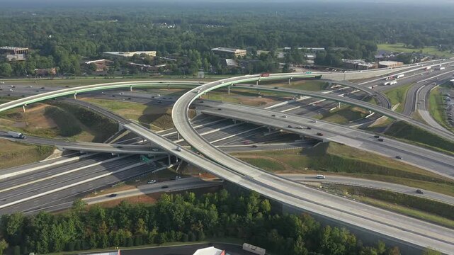 Aerial view of the interchange with roads and highways with cars and trucks driving through it, Greenville, South Carolina, United States.