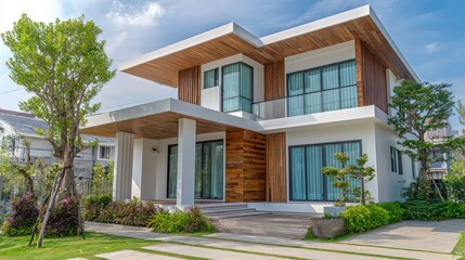 A contemporary residential house with clean architectural lines, bathed in soft daylight, reflecting sustainable living.