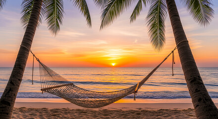 Hammock strung between palm trees on a tropical beach at sunset, with the ocean and colorful sky in the background.