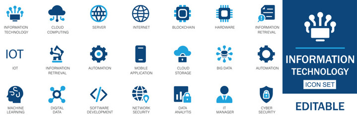 Information Technology Icon Set with editable vector icons for IT, cloud computing, AI, cybersecurity, data science, and digital innovation. Ideal for tech, software, and online projects.