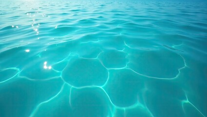Obraz premium A vibrant turquoise water surface, dappled with sunlight reflections, showcases a serene and tranquil aquatic scene.