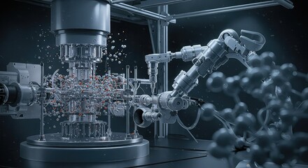 Next-gen nanotechnology lab visualizing ultra-microscopic molecular assemblies, AI-controlled experiments, and advanced nano-scale robotics precision work 