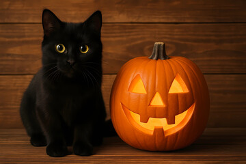A black cat with an Orange pumpkin on Halloween on a rustic wooden background. A postcard for the holiday. 
