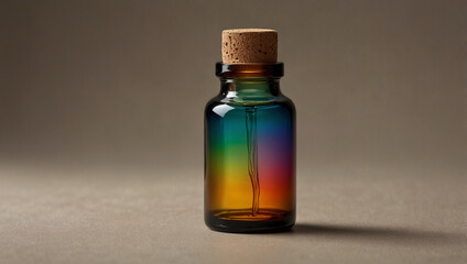 Photorealistic Rainbow Gradient Essential Oil Bottle on Neutral Background – Glossy Glass with Elegant Minimalist Design