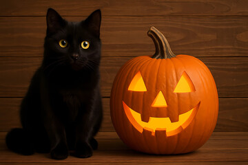 A black cat with an Orange pumpkin on Halloween on a rustic wooden background. A postcard for the holiday. 