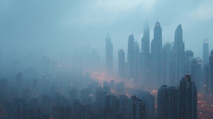 Fototapeta premium Atmospheric urban landscape: City skyline enveloped in mist and twilight glow