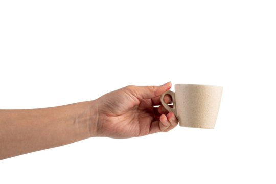 Coffee in a white cup and hand, coffee in a glass, cup on transparent background
