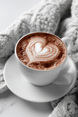 cozy cup of rich cocoa adorned with heartshaped froth art elegantly placed against clean white marble background