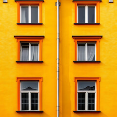 Obraz premium Bright Yellow and Orange Building Facade with Symmetrical Windows