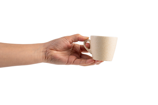 Coffee in a white cup and hand, coffee in a glass, cup on transparent background