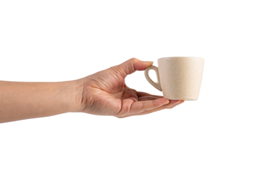 Coffee in a white cup and hand, coffee in a glass, cup on transparent background
